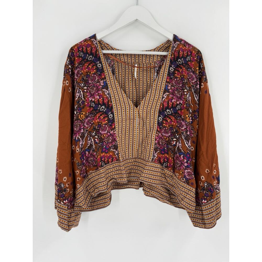 Free People Mix n Match Blouse Womens Small Rust Floral V Neck Boho Pullover